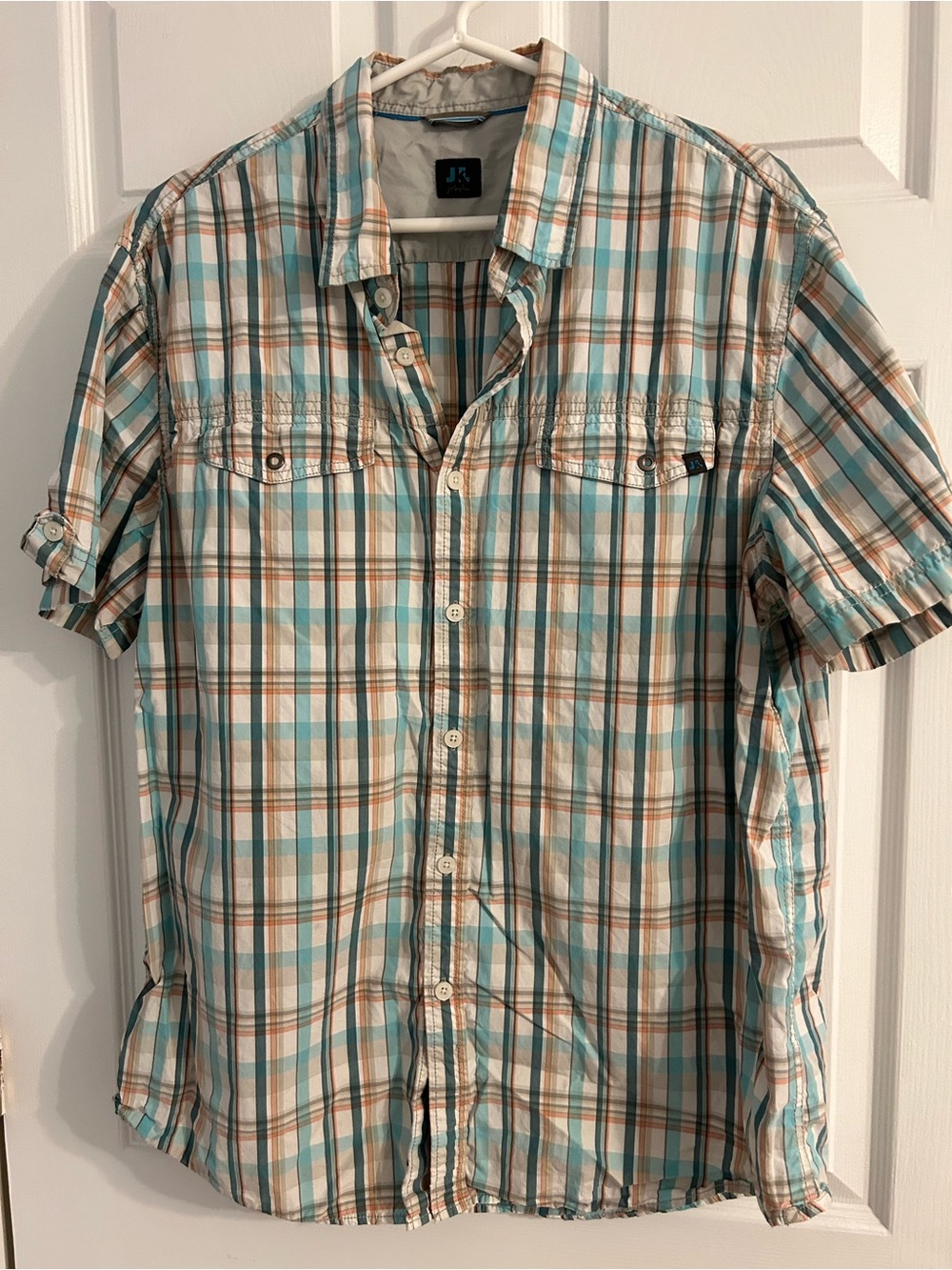 JKL Casual Short-Sleeve Plaid Shirt - Light Blue & Tan